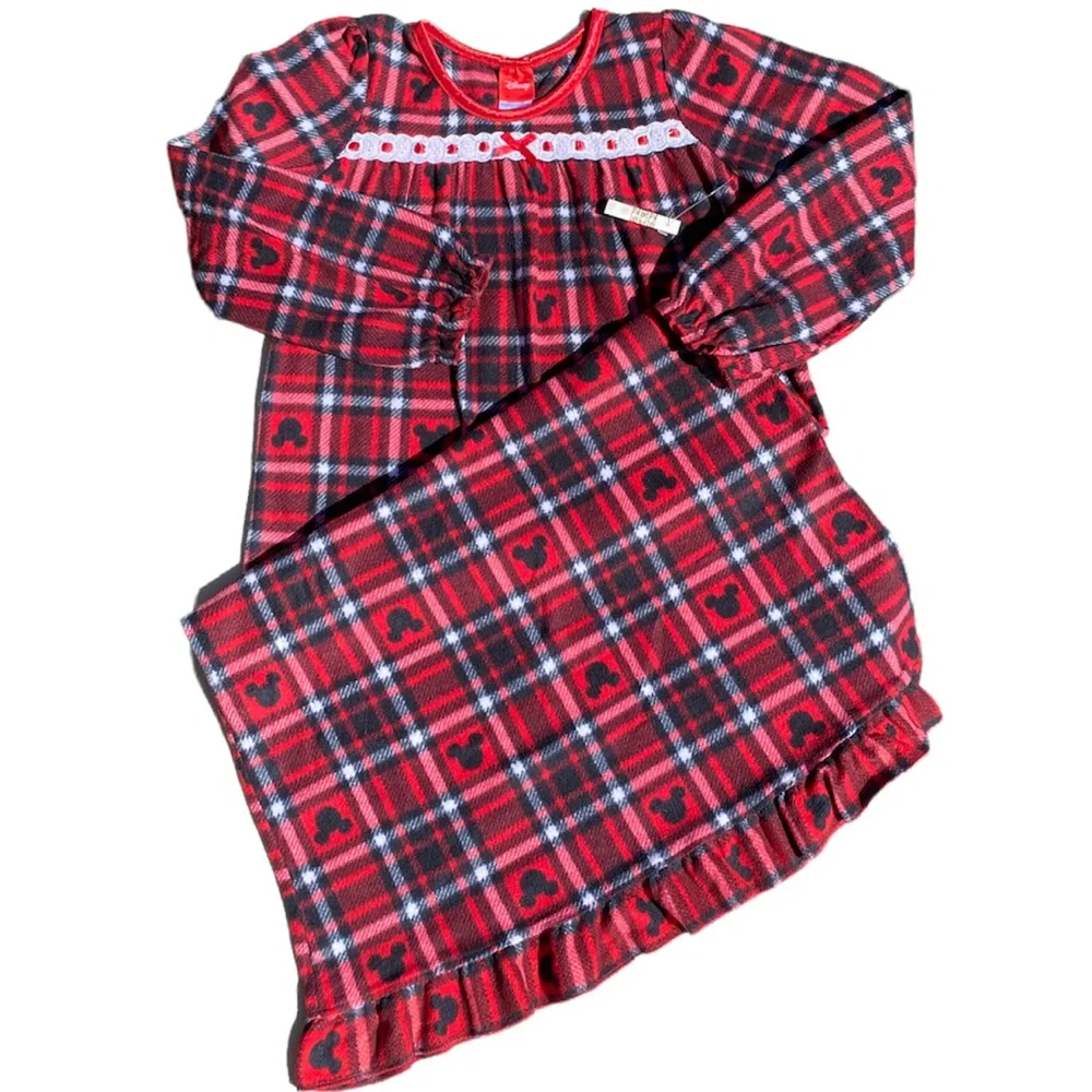 Disney Nightgown Lace Trim Bow Nightshirt Mickey Mouse Buffalo Plaid Tartan Red